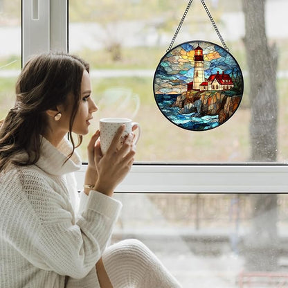 Lighthouse Stained Glass Window Hanging Suncatchers, Coastal Beach Lighthouse Sun Catchers Indoor Window Glass Wall Art Decor, Nautical Ocean Wall Hanging Decorations Sculptures, 7.9x7.9in