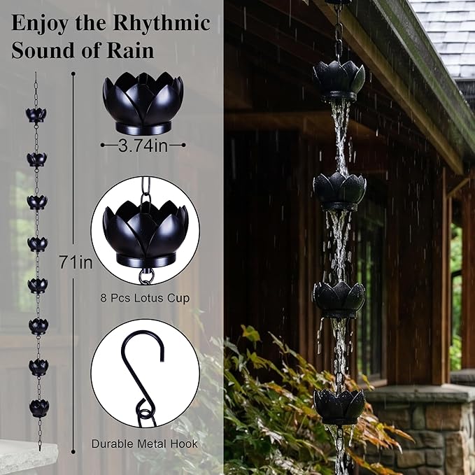Topadorn Lotus Rain Chain for Gutters, Functional and Decorative Replacement for Gutter Downspouts, Adjustable Rain Catcher Chain with 8 Cup for Eaves Drainage, Black
