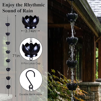 Topadorn Lotus Rain Chain for Gutters, Functional and Decorative Replacement for Gutter Downspouts, Adjustable Rain Catcher Chain with 8 Cup for Eaves Drainage, Black
