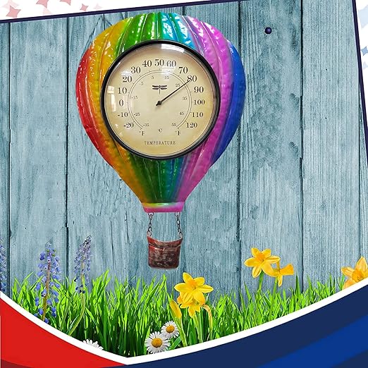 Metal Balloon Thermometer Indoor Outdoor Wall Art Decor, Colorful hot Balloon Plaque Sculpture Hanging Mounted for Living Room Bedroom Kitchen Workroom Patio, no Battery Required