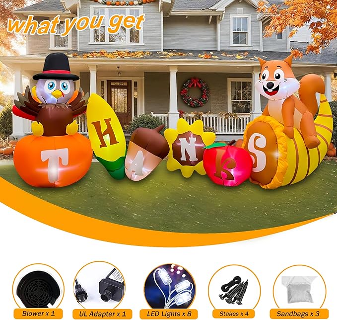 SEASONBLOW 8FT Thanksgiving Inflatable Turkey with Pumpkin Outdoor Decorations, LED Light Up Thanksgiving Blow Up Turkey with Corn Squirrel and Cornucopia for Celebrate Autumns Fall Harvest Yard Decor