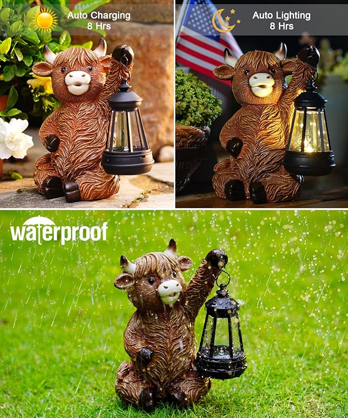 Nacome Highland Cow Statues for Garden Decor: Outdoor Sculptures with Solar Lantern for Clearance Outside Lawn Ornaments Porch Patio Balcony Yard – Birthday Gifts for Women Mom Grandma(Copper)