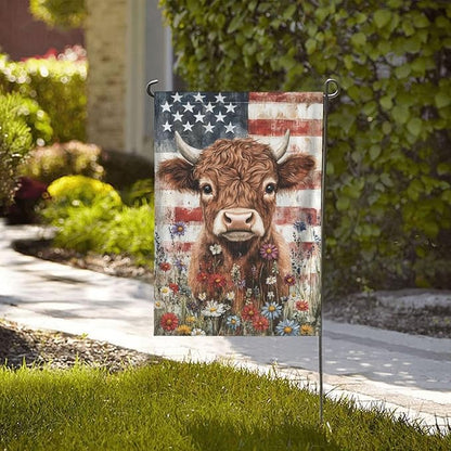 Wildflowers Highland Cow Garden Flags 12×18 Inch American Flag Double Sided Decorative Yard Banner for Outdoor Outside Decor