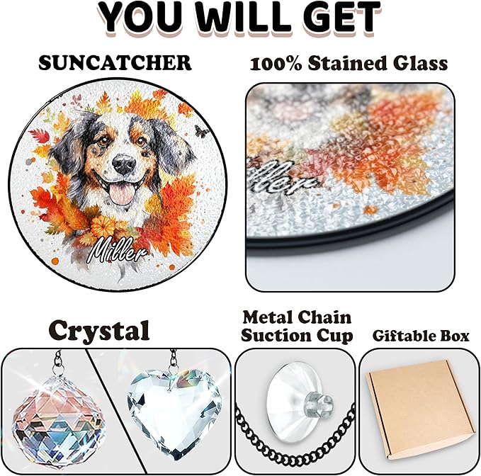 Personalized Pet Portrait Stained Glass Crystal Suncatcher, Dog & Cat Fall Pumpkin Decor, Autumn Maple Leaf Thanksgiving Decorations, Dog Lover Gift for Women, Memorial Gifts for Cat Mom