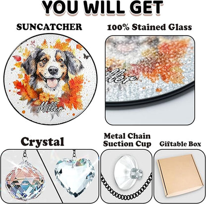 Personalized Pet Portrait Stained Glass Crystal Suncatcher, Dog & Cat Fall Pumpkin Decor, Autumn Maple Leaf Thanksgiving Decorations, Dog Lover Gift for Women, Memorial Gifts for Cat Mom