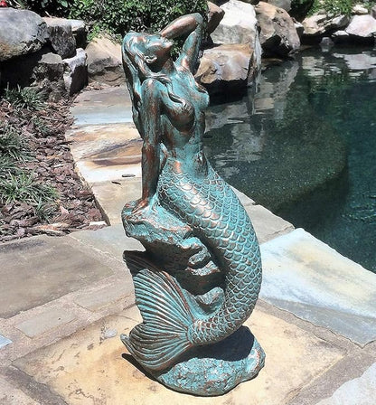 homestyles 16 in. Large Sexy Mermaid Sitting on Coastal Rock Beach Nautical Garden Statue in Bronze Patina Pool Patio Lawn Statue