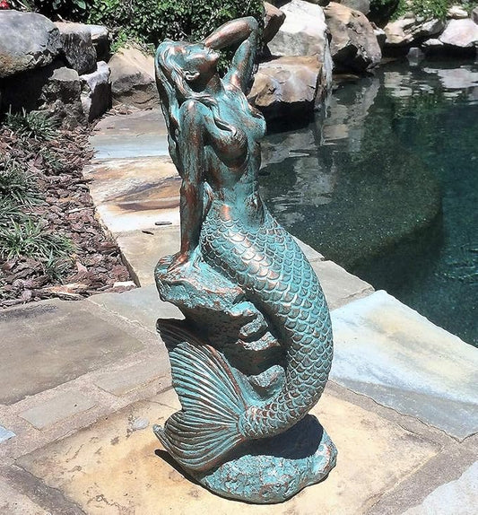 homestyles 16 in. Large Sexy Mermaid Sitting on Coastal Rock Beach Nautical Garden Statue in Bronze Patina Pool Patio Lawn Statue