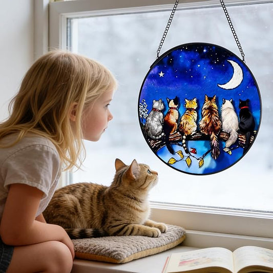 7.8 in Stained Glass Window Hanging, 6 Cats and Moon Suncatcher for Home Decor, Handmade Decorative Ornament Boho Wall Art Ideal Gift for Mom Grandma Cat Lovers Housewarming