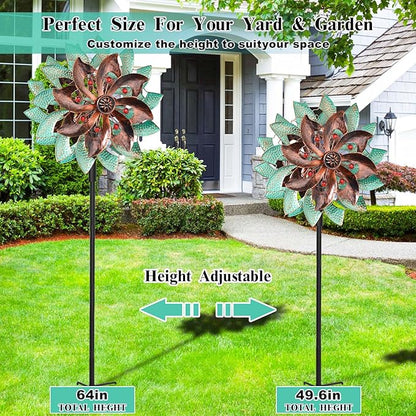 360°Metal Wind Spinners Outdoor for Garden Yard, 64" Kinetic Large Wind Spinner & Sculptures with Stable Metal Stake, Garden Windmill for Yard Lawn Patio Art Decor (Green-Brown)