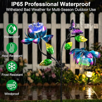 Solar Wind Spinner Outdoor Metal Garden Decor – 2-in-1 Kinetic Double Lotus Flower Stake with Glowing Fiber Optic Lights, Multi-Color Spinning Yard Art Sculpture for Patio, Lawn, and Pathway