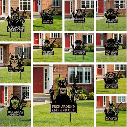 F Around & Find Out Dog Sentry Metal Dogs Silhouette Garden Stake with Middle Finger &Weapon Sign, FAFO Security Sign Middle Finger Dog Statue Decor for Outdoor Yard Patio (Bulldog, 8 * 16")
