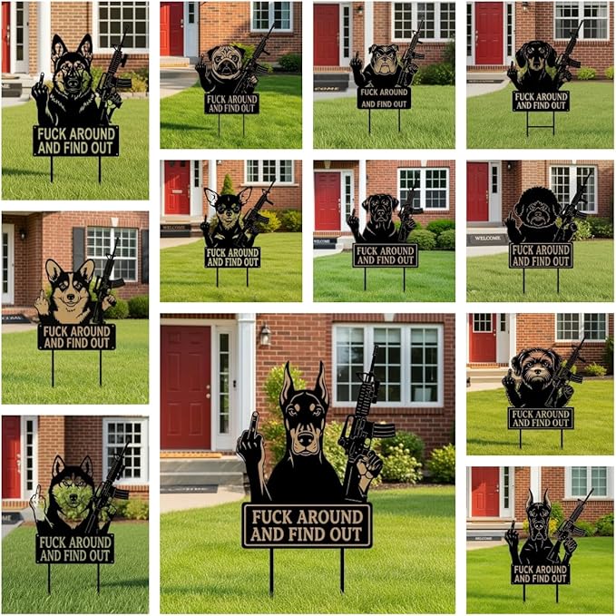 F Around & Find Out Dog Sentry Metal Dogs Silhouette Garden Stake with Middle Finger &Weapon Sign, FAFO Security Sign Middle Finger Dog Statue Decor for Outdoor Yard Patio (Chihuahua, 6 * 12")