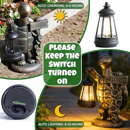 Solar Garden Statues, Resin Turtle Statue w/ Welcome Sign, Waterproof Figurine Solar Latern for Outside Yard Outdoor Home Patio Lawn Decor, Solar Animal Lights for Adults Women Birthday Easter Gifts