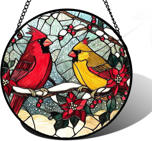 DASTOLL Stained Glass Window Hanging, Love Birds Cardinals Sun Catchers Colorful Glass Panel Birds Suncatcher Decor for Birthday for Women, Men, Wife, Lovers, and Mom 11.8x11.8 in