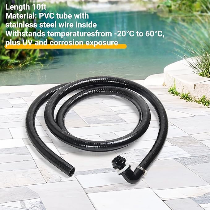 Pond Tubing ID 1” × 10ft Black Corrugated Flexible Reinforced Waterfall Pond Tube Sump Pump Hose, with 2 Stainless Steel Hose Clamps, for Garden Ponds, Waterfalls, Filter