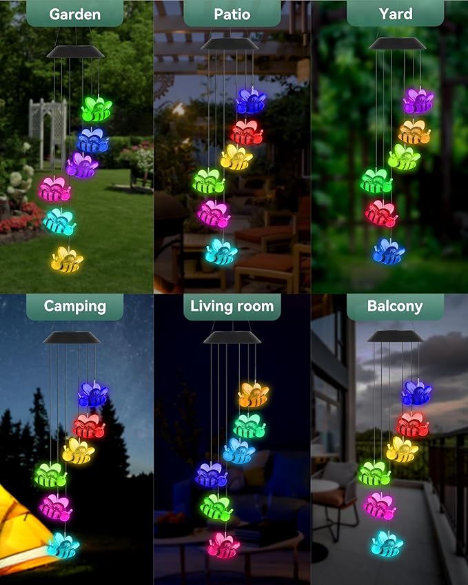 DOUBLEZHE Solar Wind Chimes for Outside, Color Changing Bee Wind Chimes Outdoor Clearance, Birthday Gifts for Mom Women Grandma Wife Girls, Unique Garden Decor Colorful Patio, Balcony Yard Decoration