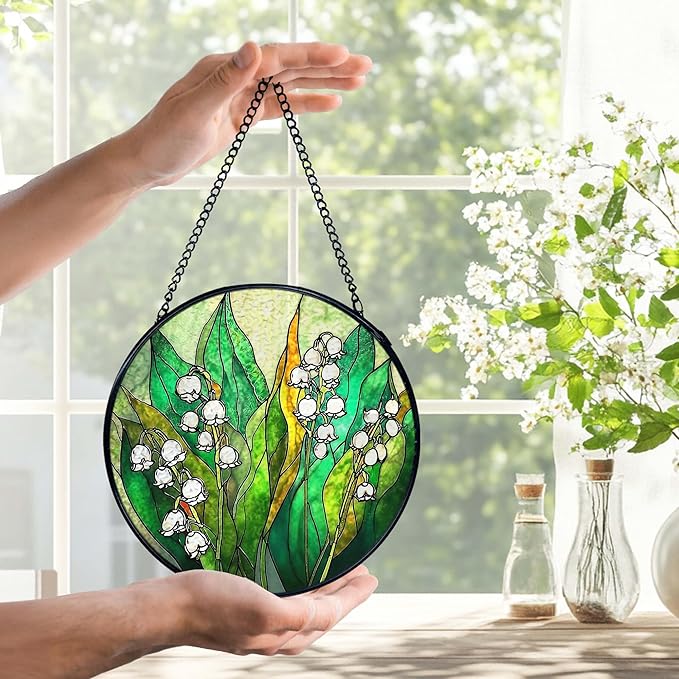 Lily of The Valley Suncatchers Stained Glass Window Hanging, Lily of The Valley Flower Sun Catchers Indoor Window Glass Round Wall Decor, Floral Botanical Wall Hanging Decorations, 7.9x7.9in