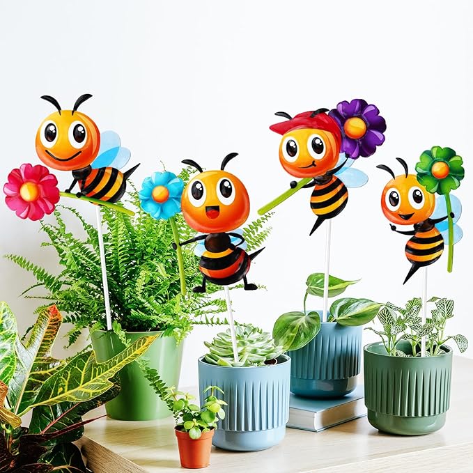 4 PCS Metal Bee Garden Stakes Decorative, ULENDIS Colorful 12.2 Inches Outdoor Bee Garden Decor stakes, Vivid Bee Yard Art Ornaments for Lawn Porch Pathway Patio Plant Pot Flower Bed