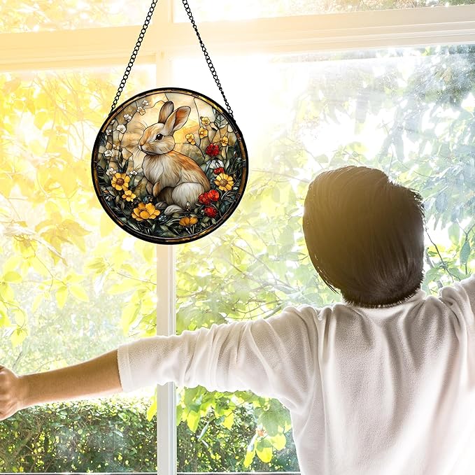 DASTOLL Stained Glass Window Hanging - Rabbit Flowers Suncatcher Ready to Hang Window Doors Home Decoration, Easter, Mother's Day Birthday Gifts for Women, Men, and Mom 6.3x6.3 in