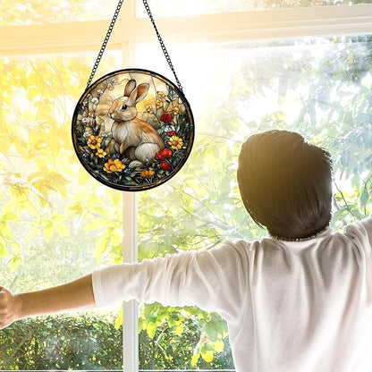 DASTOLL Stained Glass Window Hanging - Rabbit Flowers Suncatcher Ready to Hang Window Doors Home Decoration, Easter, Mother's Day Birthday Gifts for Women, Men, and Mom 6.3x6.3 in