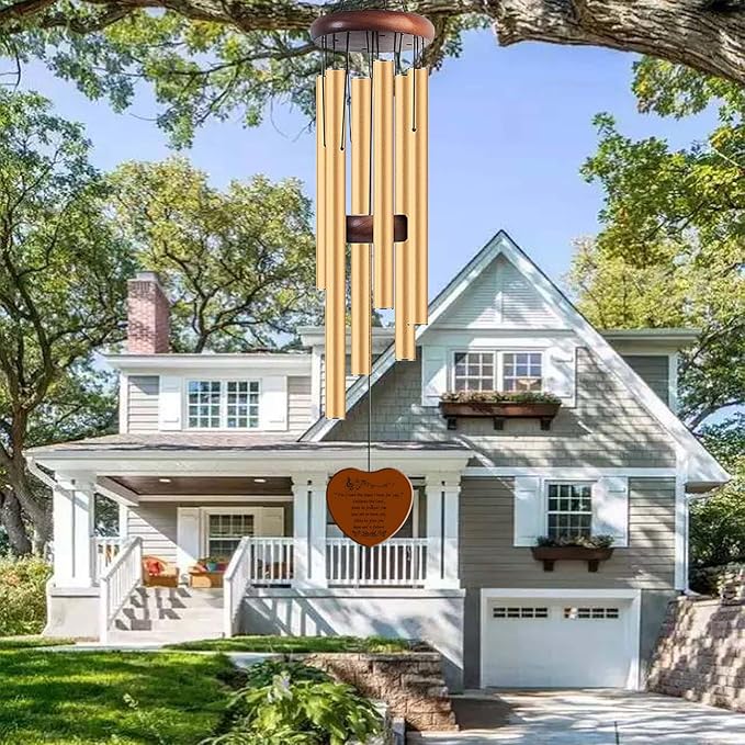 Healing Wind Chimes for Outdoor Garden, Large Memorial Musical Chimes with Heart Pendant, Gold Aluminum Tubes