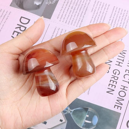 2Pcs 1.7" Red Banded Carnelian Agate Crystal Mushroom Sculpture Decor Mini Mushroom Gifts Cute Home Decor Living Room Decorations Fairy Garden Accessories