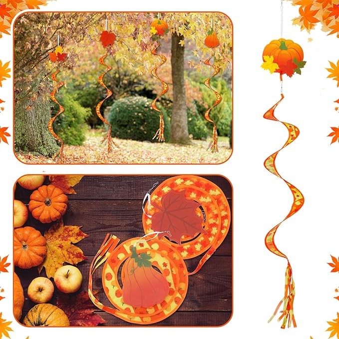 Beeveer 4 Pcs 57'' Fall Wind Socks Thanksgiving Wind Spinners for Outdoor Hanging Nylon Fabric Maple Pumpkin Windsock Leaf Streamers for Fall Autumn Decorations Windmill to Scare Birds Away