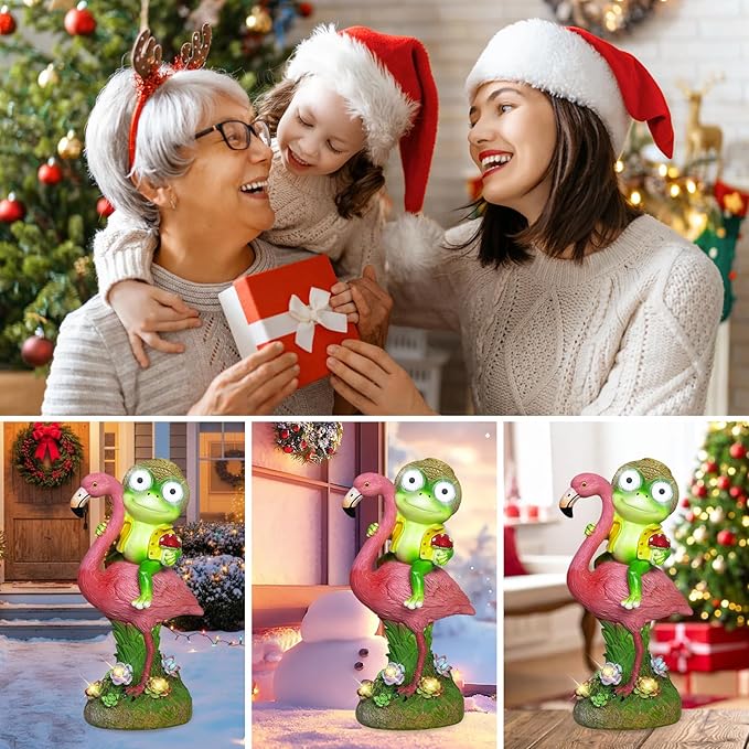 Solar Garden Statue, Whimsical Frog Riding Flamingo Outdoor Decor with Glowing LED Eyes, IP65 Waterproof Resin Lawn Ornament for Patio Yard Balcony, Unique Housewarming Gift for Mom Grandma Women