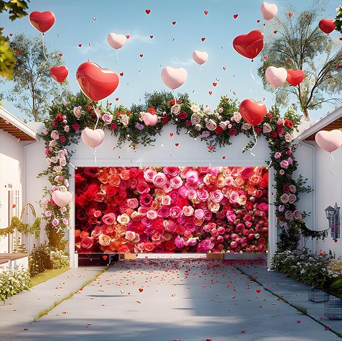 Rose Valentine Garage Door Banner 157.5x70.9in Large Floral Garage Door Cover for Outdoor Love Decorations House Exterior Yard Party Decor with Grommets and Rope