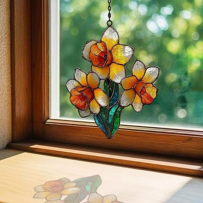 Daffodil Faux Mosaic Style Acrylic Suncatcher Stained Glass Effect Window Car Hanging Christmas Ornament Indoor Outdoor Decor Garden Sun Catcher Panel for Floral Lover for Women Mom Grandma