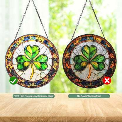Ireland Shamrock Stained Glass Window Hanging Suncatcher with Chain - 7.9" Clover Outdoor/Indoor Art Decor for Home Garden, St. Patrick's Day, Mother's, Valentine's & Irish Ornaments Present