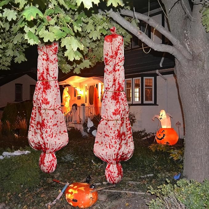 2PCS 5ft Halloween Decorations Scary Dead Victim Props, Hanging Corpse in Bag Body Bag Creepy Haunted House Decor Set, Halloween Outdoor Indoor Party Decorations (Assembly Needed)