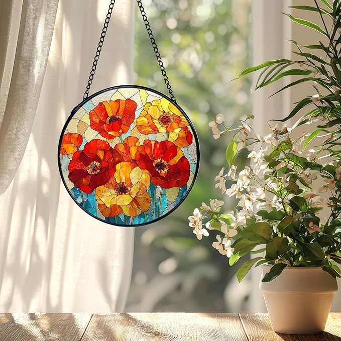 Poppy Flower Suncatcher Stained Glass Window Hanging, Poppy Flower Gifts Sun Catchers Indoor Window Glass Wall Art Decor, Floral Wall Hanging Decor Decorations, 7.9x7.9 Inch 032-MH-BLGH