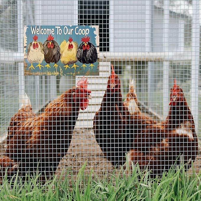 Chicken-Sign Metal-Sign Wall-Art Décor-Yard, Welcome to Our Coop, Farm Plaque Garden Sign Outdoor Coop Décor for Home Fence 8 X 12 Inches