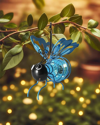 Lighted Outdoor Display - Solar Powered Hanging Bee Decor with Bouncy Springs - Outdoor Hanging Solar Lights for Christmas Garden, Yard, Patio, Porch (Blue)