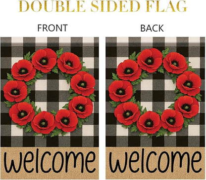 Buffalo Plaid Welcome Wreath Garden Flag Red Poppy Flower Flag 12x18 Double Sided Tropical Yard Flowers Floral Decor for Spring Summer Fall Outdoor Porch Patio Lawn Farmhouse