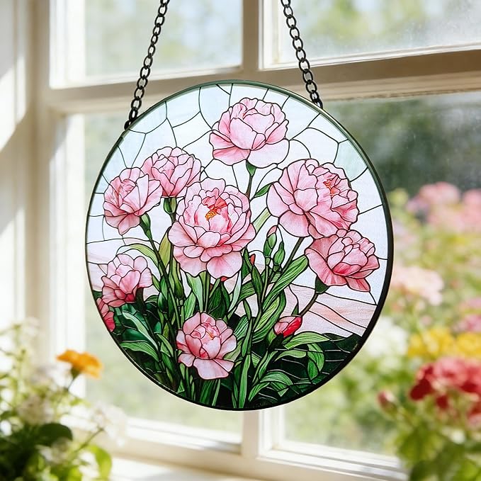 Stained Glass Window Hanging Suncatcher, Handmade 7.8 in Pink Carnation Sun Catcher for Home Garden Decor, Gift for Women Friends Grandma Mom Sister, Mother's Day, Birthday, Anniversary