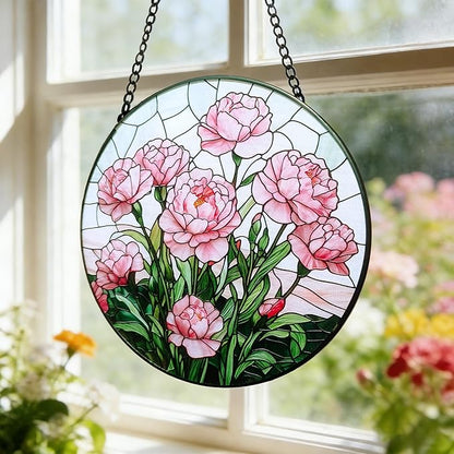 Stained Glass Window Hanging Suncatcher, Handmade 7.8 in Pink Carnation Sun Catcher for Home Garden Decor, Gift for Women Friends Grandma Mom Sister, Mother's Day, Birthday, Anniversary