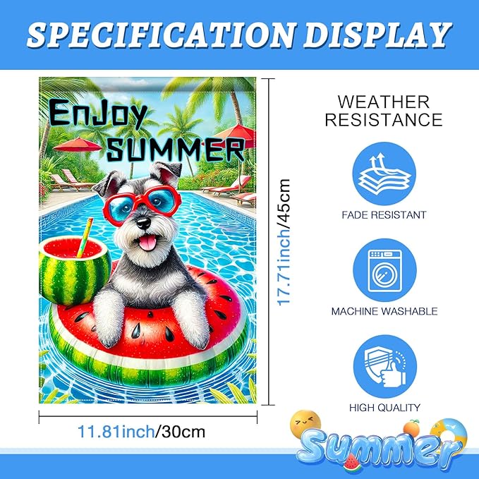 HOMETITUTE Hello Summer Garden Flag Schnauzer Dog 12X18 Inch Print Double Sided Cute Puppy Decorative Yard Flag Banner Poolside Patio Decor Banner Outside Seasonal Holiday Outdoor Decoration