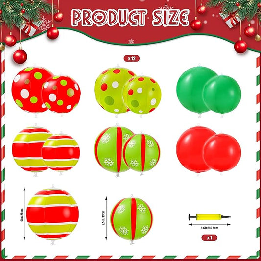 12 Pcs 7.5/9 Inch Large Christmas Inflatable Ball Outdoor Hanging Ornament Blow Up Xmas Inflatable Ornaments PVC Christmas Decoration Ball for Yard Lawns Porch Garden Front Door Holiday Decor