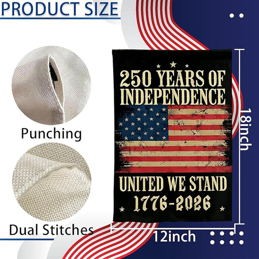 1776-2026 250th Anniversary USA Garden Flag, 4th of July Garden Flag for Outside, 12x18 Double Sided Outdoor Decoration for Independence Day, Red White Blue American Flags, Patriotic Banner for Yard