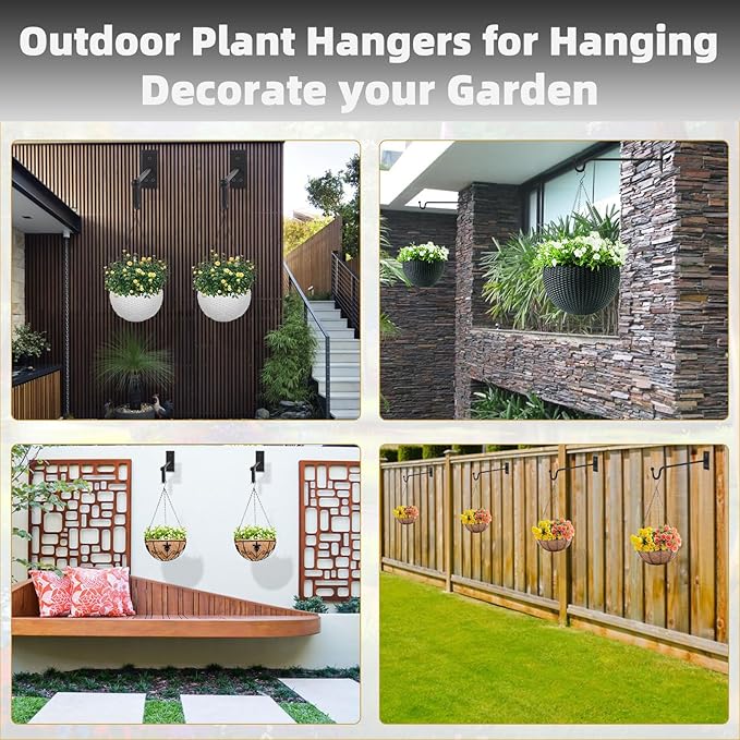 Hanging Plant Bracket (2 Pack-12 inches), Heavy Duty Metal Plant Hangers Outdoor or Indoor- Wall Plant Hooks for Hanging Planter,Bird Feeders, Wind Chimes, Flower Pot,Basket,Lanterns-Matte Black