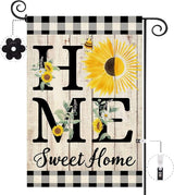 ORTIGIA Summer Sunflower Garden Flag Double Sided 12.5x18 Inch, Home Sweet Home Spring Floral Flower Buffalo Plaid Check Small Yard Flag Burlap Vertical Outside Outdoor Lawn Patio Decor