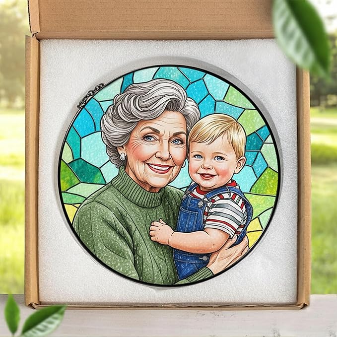 Personalized Grandma Stained Glass Sun Catcher, Custom Photo Window Hanging, Personalized Stained Glass, Gift for Grandma, Grandparents, Christmas, Birthday, Keepsake, Christmas Ornament, P4
