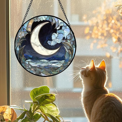 Stained Glass Window Hanging - Abstract Sea of Clouds Moon Sun Catcher for Door Terrace Garden Home Decor, Gray Blue Suncatcher Birthday Gifts for Lovers Women Men Dad Mom Nana 15 in
