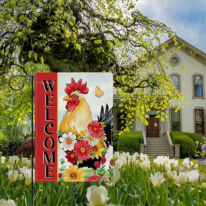 Dyrenson Welcome Spring Summer Rooster Decorative Garden Flag, Farm Animal Daisy Flower Red Yard Outside Home Decoration, Farmhouse Butterfly Burlap Outdoor Small Decor Double Sided 12 x 18