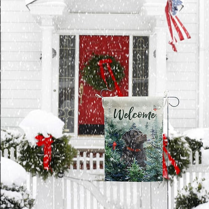 Welcome Winter Garden Flags Black Lab Garden Flag Cardinal Birds on Snowy Pine Tree Flag Labrador Dog Yard Flags for Outside 12x18 Double Sided Christmas Decorative Lawn Flags