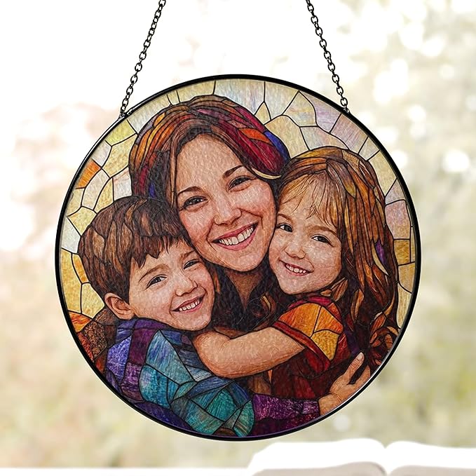 Personalized Stained Glass Window Hanging Ornament, Custom Family Photo with Mom and Kids, Unique Stained Glass Style Decoration, Birthday Present, Home Window Art Keepsake