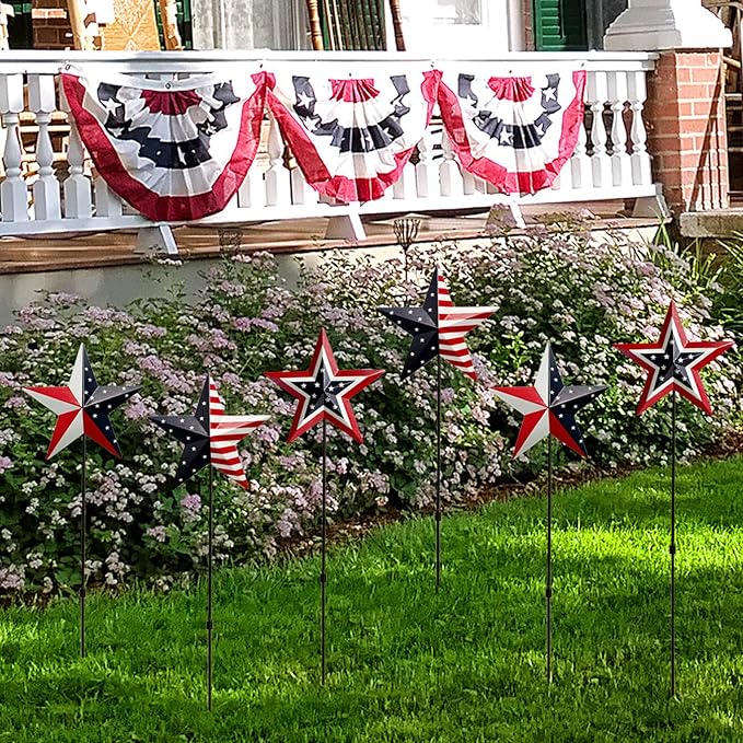 6 Pcs 4th of July Decorations Outdoor,22" Patriotic Metal Barn Stars Decorative Garden Stakes for Independence Day,Americana Patriotic Yard Signs Decor for Garden Lawn Porch