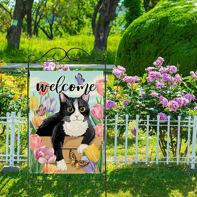 Artofy Welcome Spring Summer Tuxedo Cat Large Decorative House Flag, Tulip Flower Butterfly Yard Garden Outside Decor Pet Owner Lover Gift, Seasonal Floral Outdoor Home Decoration Double Sided 28 x 40